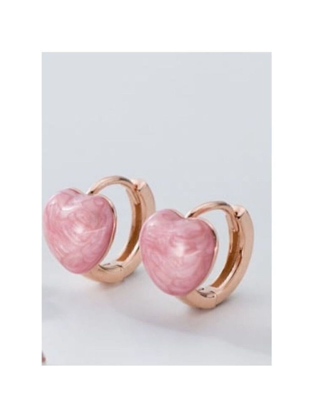 Pink Enamel Heart on Rose Vermeil Gold Huggie Earrings - Picture 1 of 4